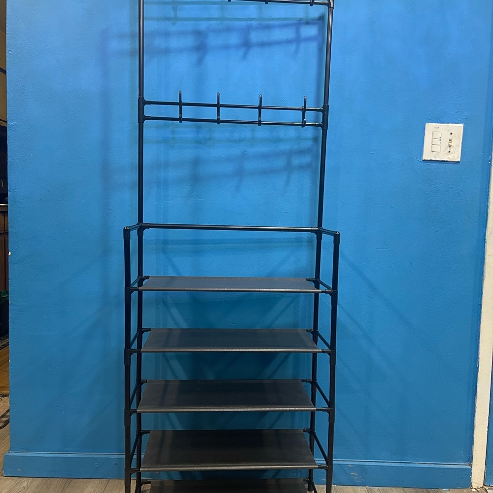 Black 5 layer shoe rack with 6 hanging hooks